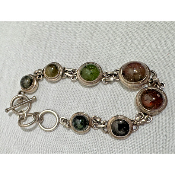 Sterling Silver Link Toggle Bracelet Multi Color 7 Stones Graduated Cabochons - Picture 1 of 8